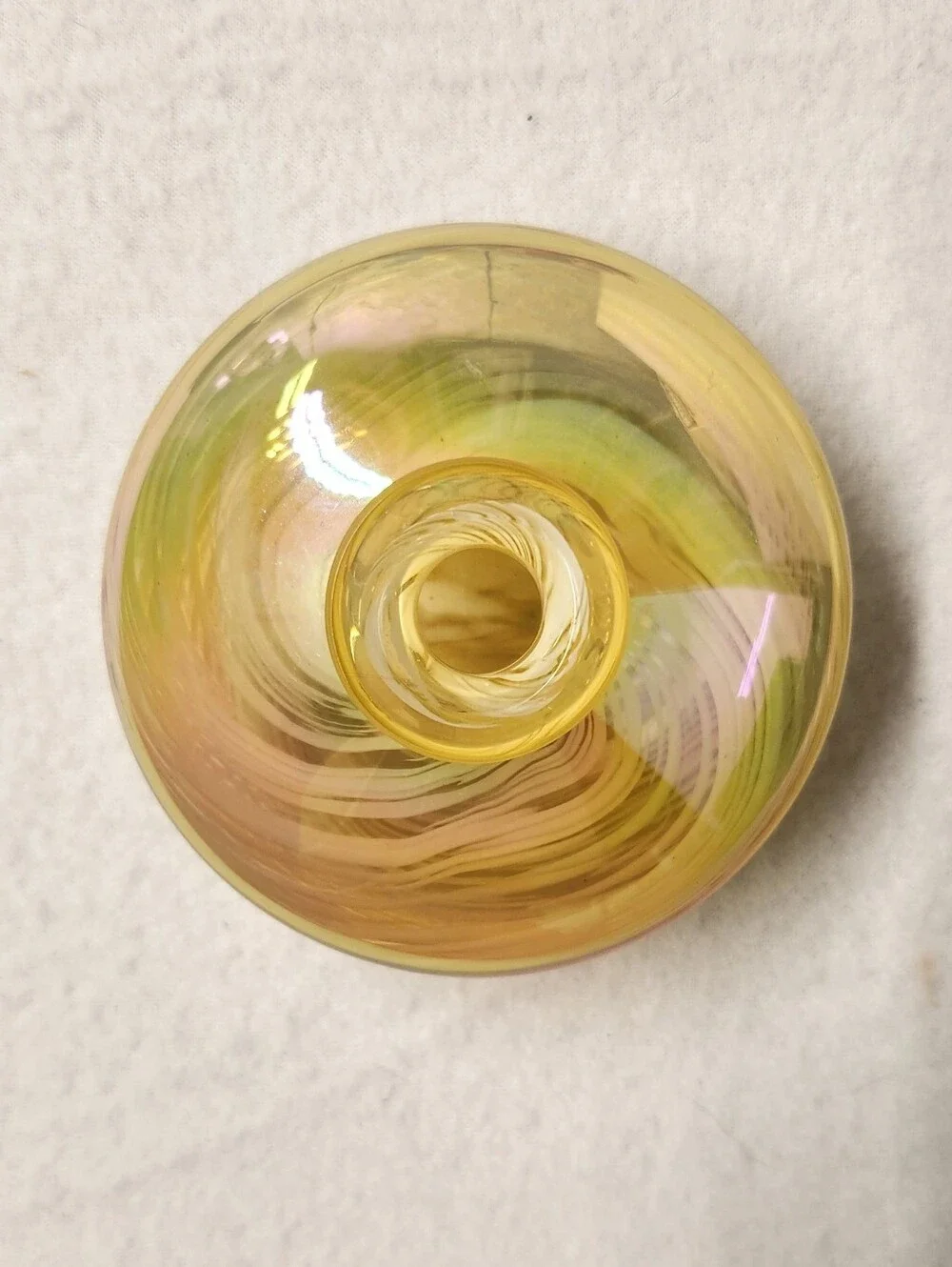 Vintage Iridescent Art Glass Swirl Vase Amber Gold Hand Blown Squat Bud Vessel
